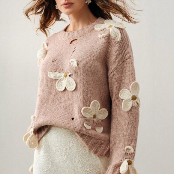 Camel Casual Women's Hand-Crocheted 3D Floral Round Neck Sweater - Picture 2 of 7